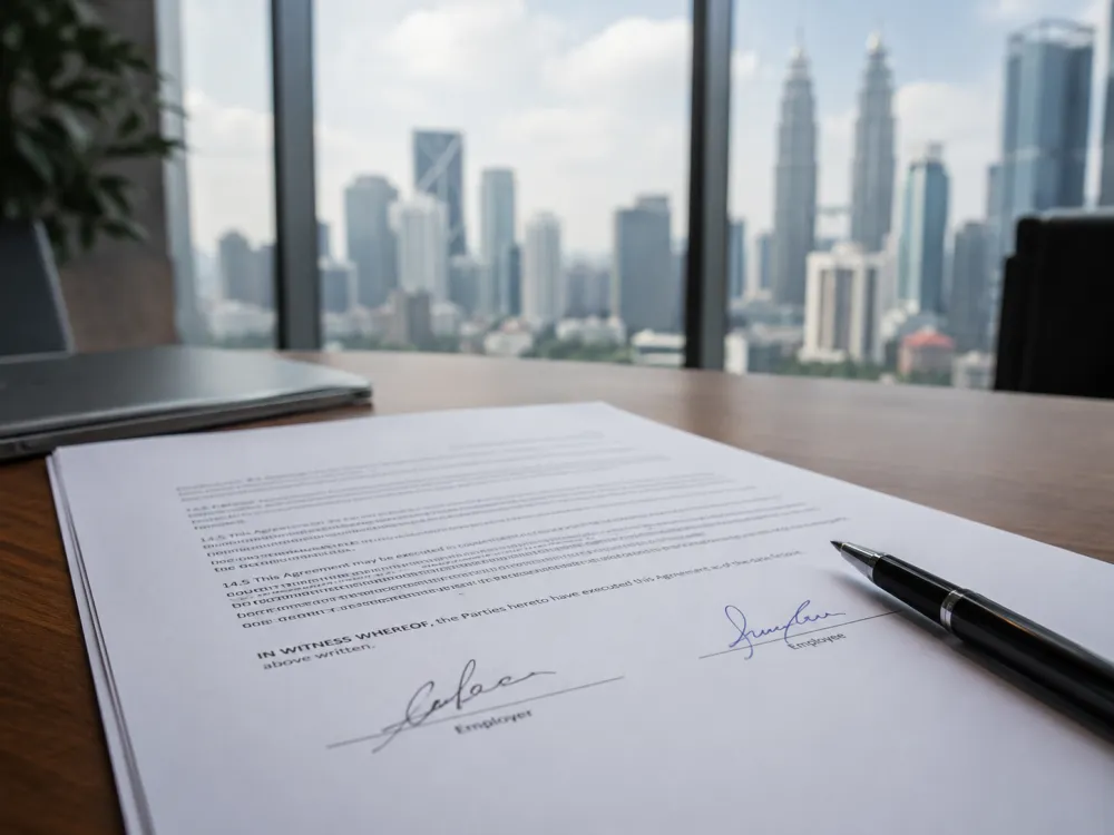 Lecture et signature d'un contrat de travail par un expatrié en Malaisie